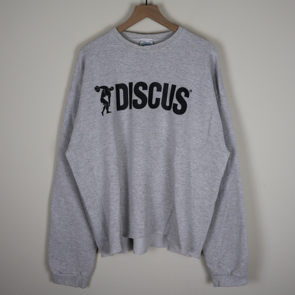 Vintage 90s Discus Athletic Big Logo Cropped Sweatshirt Gray 2XL Tall 26x27 - Picture 1 of 16
